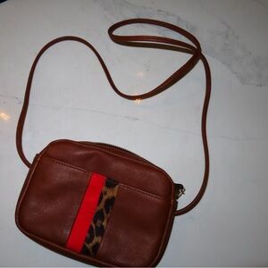 Express Brown Crossbody Bag with Red and Leopard Detail